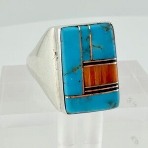 Masterwork Native American Channel Inlay Ring ,14g Turquoise & Spiny Oyster